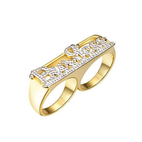 Custom two finger name rings made to order suppliers personalized diamond cut 14k gold nameplate rings wholesale manufacturers china